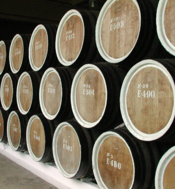 Stacked numbered oak barrels used for maturing Ialoveni pelicular wine